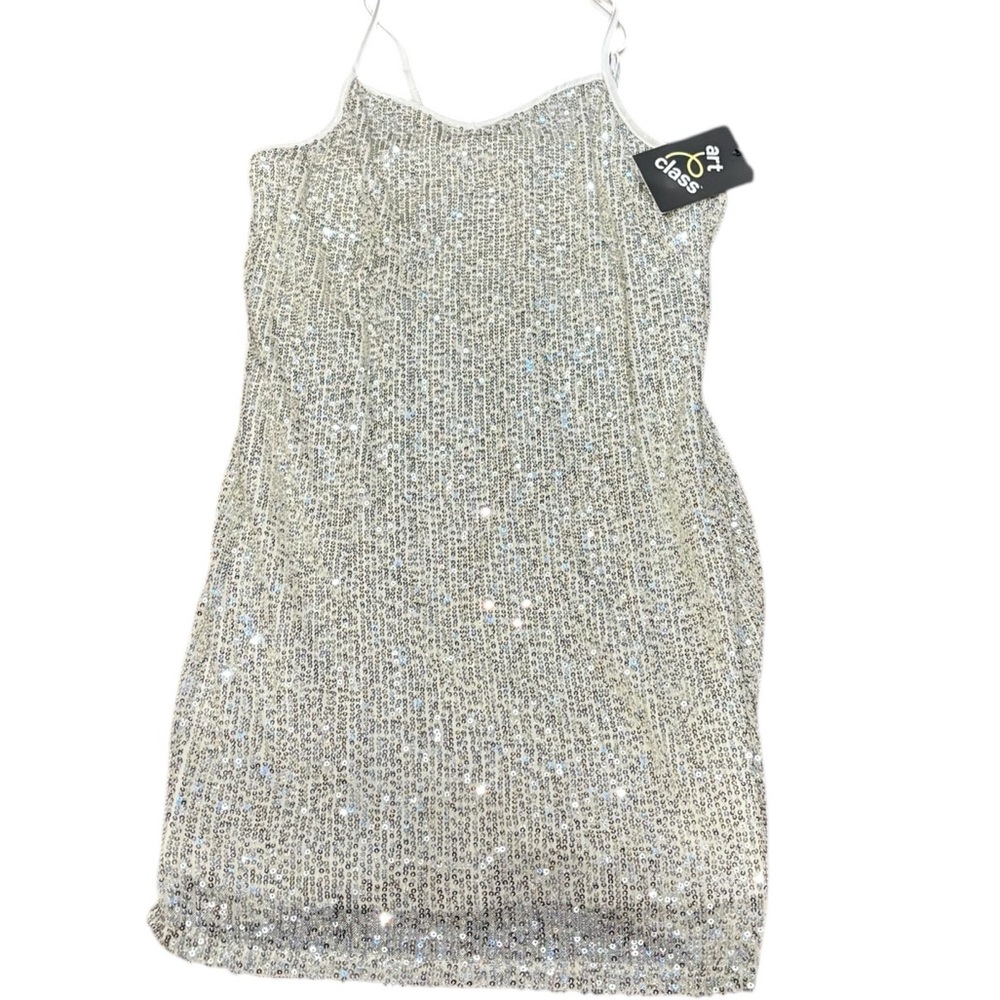 Art Class Girls' Silver Sequin Sleeveless Dress Large 10/12 Adjustable Strap NWT